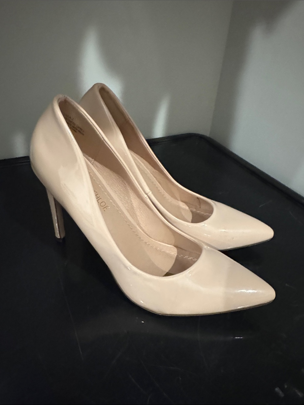 Chase + Chloe Nude Patent Pointed-Toe Pumps